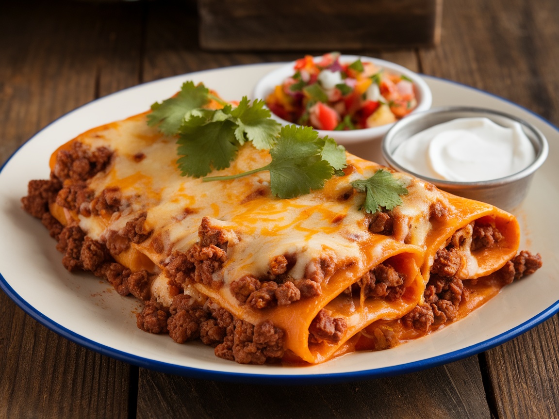 Cheesy ground beef enchiladas topped with cheese and cilantro, served with salsa and sour cream on a rustic table.